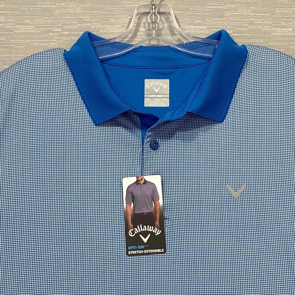 Callaway Polo Golf Shirt Mens 2XL Blue Mini Check Pattern Lightweight Opti-Dri